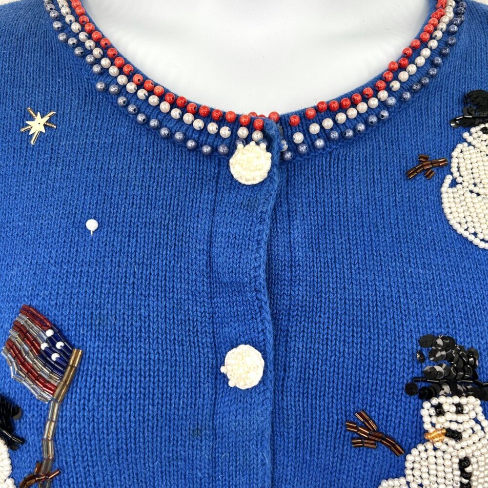 STORYBOOK KNITS AMERICAN SNOWMEN SEQUIN BEAD SNOWMAN FLAG GRANNY CORE CARDIGAN - Picture 3 of 7